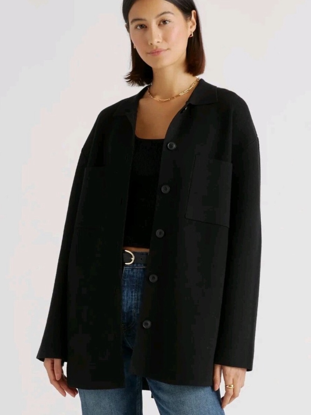 Quince Eco-Knit Milano Stitch Oversized Shirt Jacket Black
